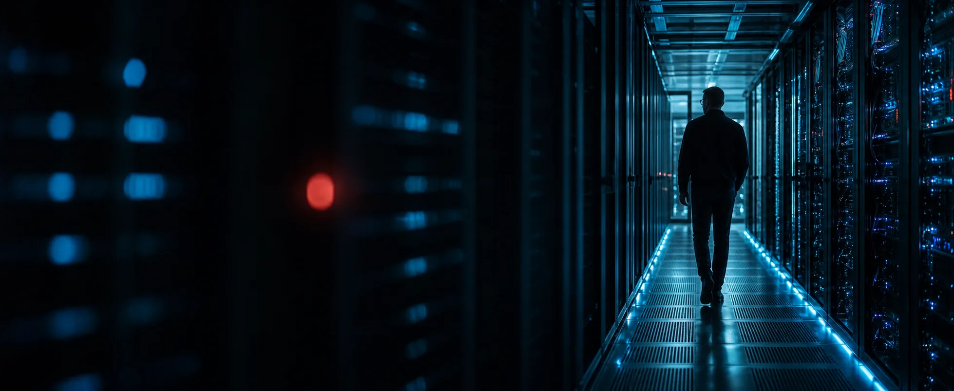 Network engineer walking through a modern data center