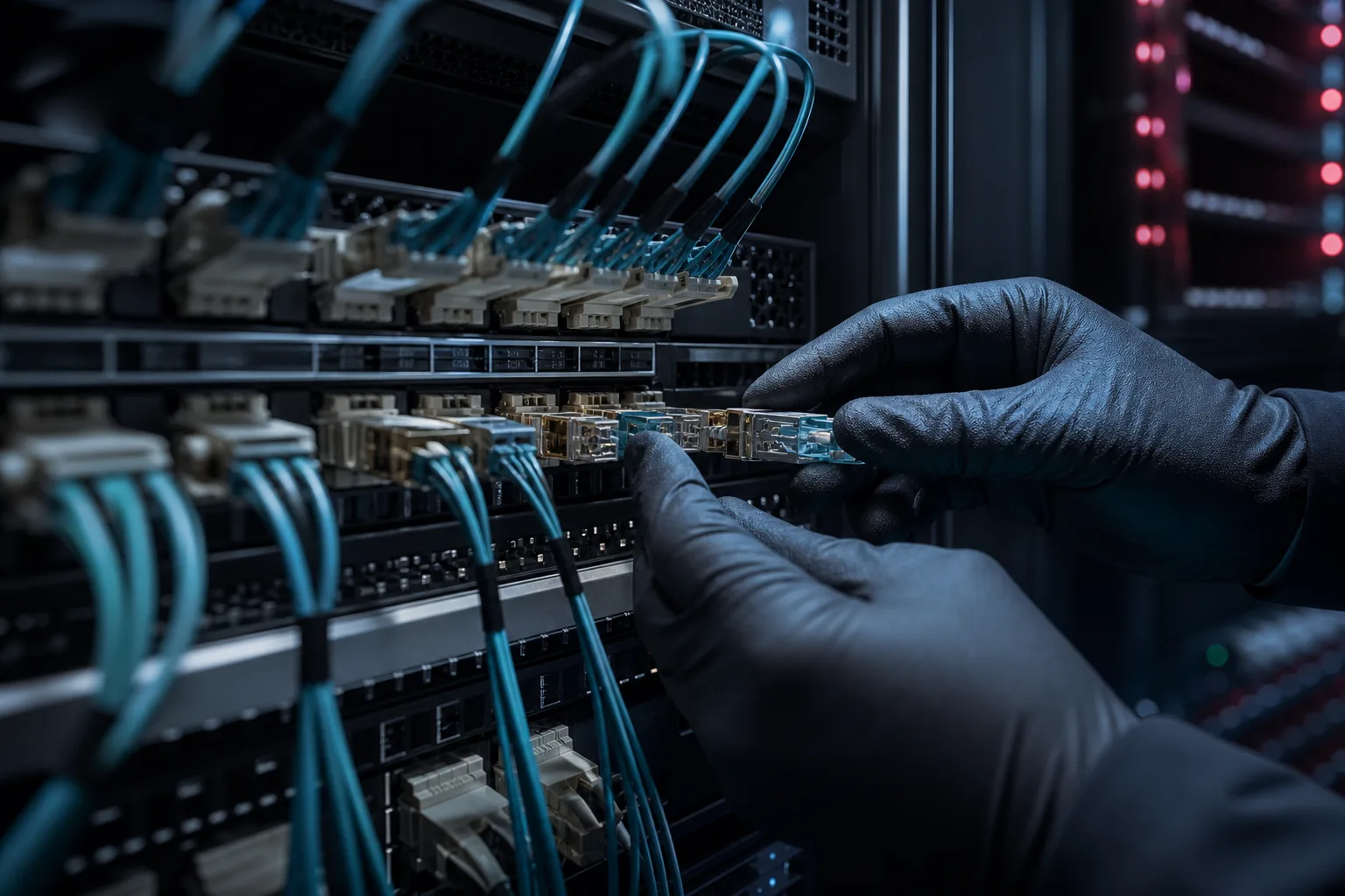 Technician connecting enterprise network infrastructure